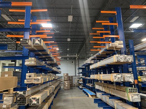 Cantilever racking aisle loaded with aluminum stock